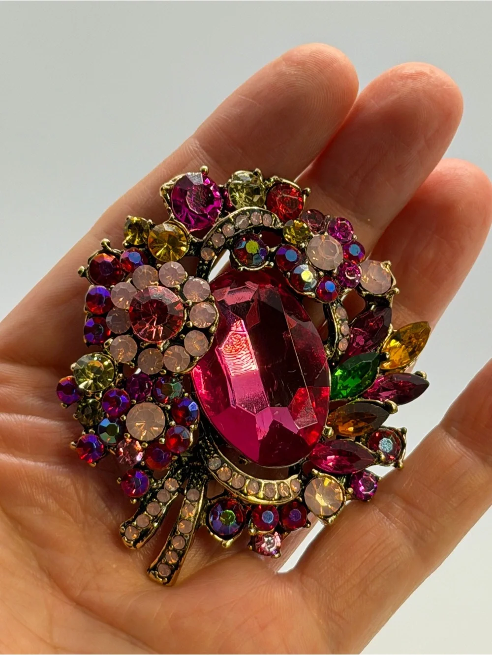 Bold Pink Crystal Statement Brooch - Multicolor Floral Design